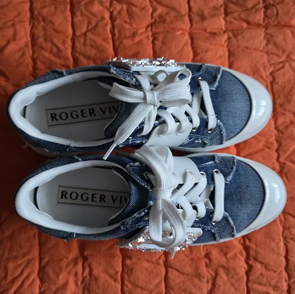 Roger Vivier Viv Crystal Buckle Skate Platform Sneakers Denim - Picture 7 of 7